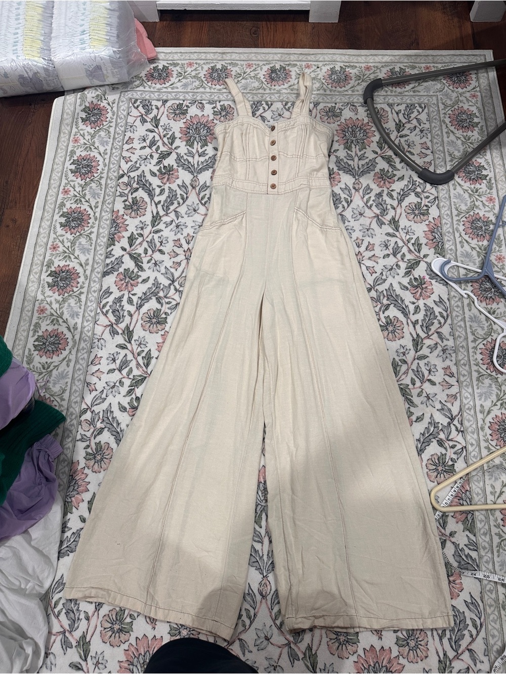 Japna Oatmeal Linen Blend Wide Leg Palazzo Jumpsuit S